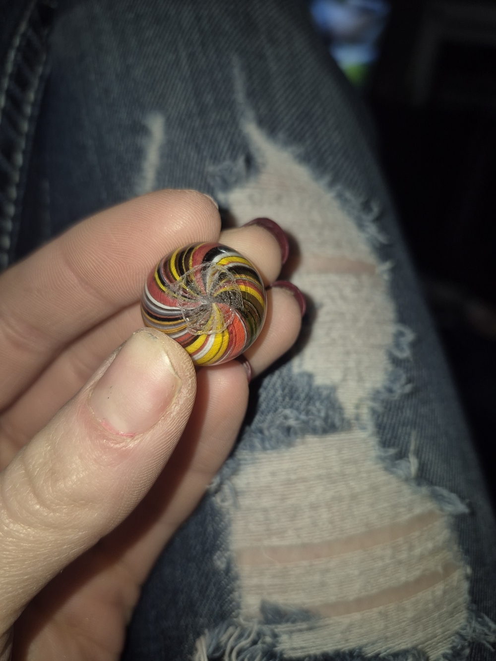 Antique Handmade Joseph's Coat Swirl Marble, Red, Yellow, White and Black Stripe